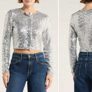 NWT Good American Silver Sequin Cardigan Holiday New Years Eve Party
